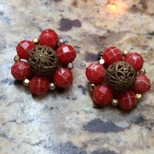 Vintage 1960's red & bronze tone clip-on earrings